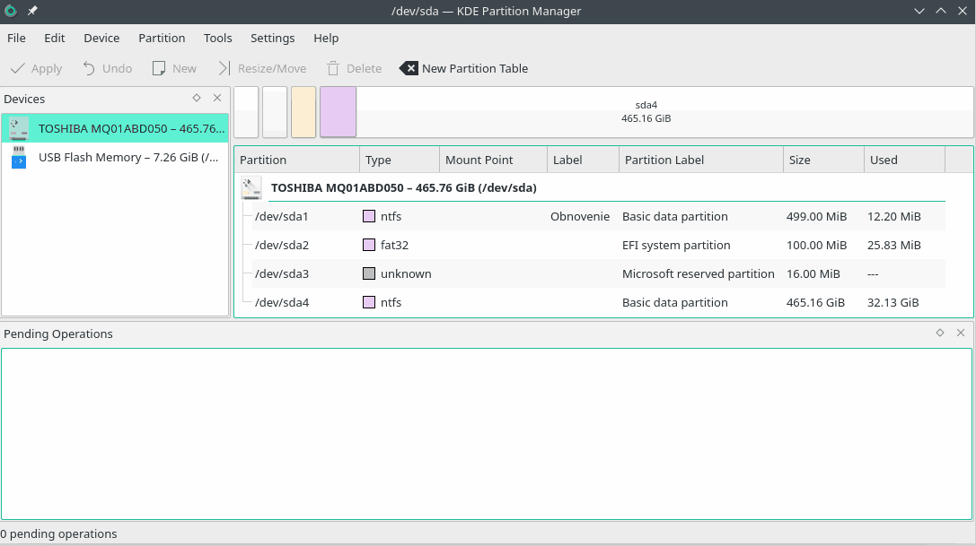Rozdelenie disku pri inštalácii v UEFI režime zobrazené programom KDE Partition Manager.
